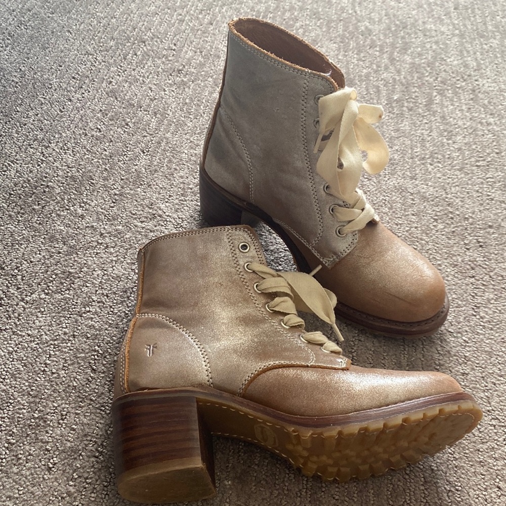Frye pink metallic boots with ribbon laces!